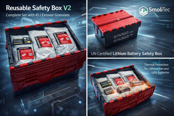 Mehrweg Sicherheitsbox V2 – Komplettset mit 45 l Extover Granulat - SmoliTec Sicherheitsbox V2 mit 45 l Extover – UN-zertifizierte Lithium-Akku-Box